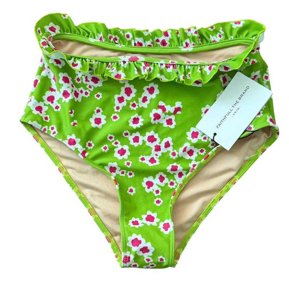 FAITHFULL THE BRAND Frida Bikini Le Bon Apple Green Floral Ruffle High‎ Waist XS